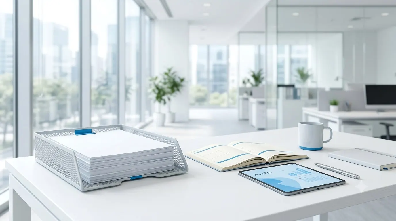 Organisierter weißer Schreibtisch mit Dokumentenablage, Planer und Tablet