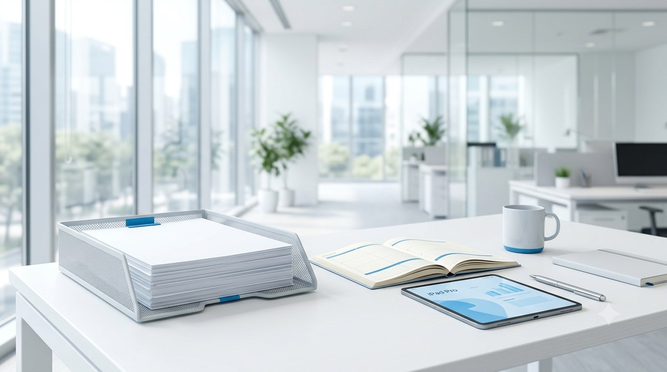 Organisierter weißer Schreibtisch mit Dokumentenablage, Planer und Tablet