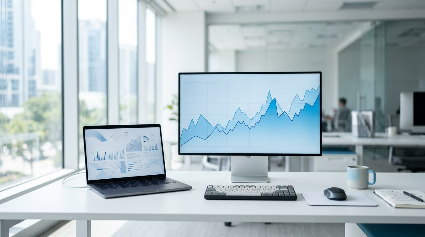 Moderner IT-Arbeitsplatz mit Laptop und Monitor mit Auswertungen
