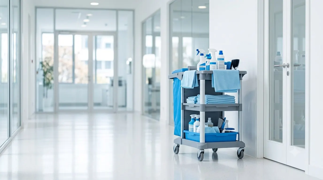 Professioneller Reinigungswagen mit blauen Mikrofasertüchern im hellen Büroflur