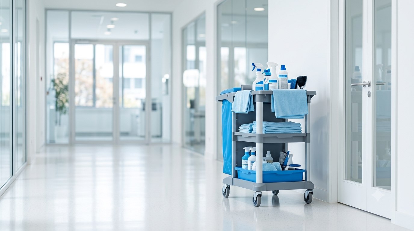 Professioneller Reinigungswagen mit blauen Mikrofasertüchern im hellen Büroflur