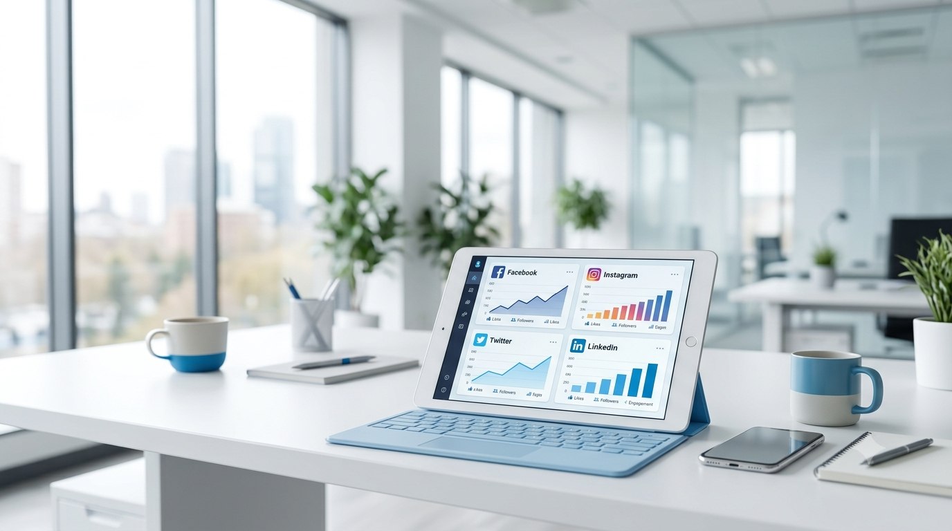 Tablet mit Social-Media-Auswertungen auf weißem Schreibtisch
